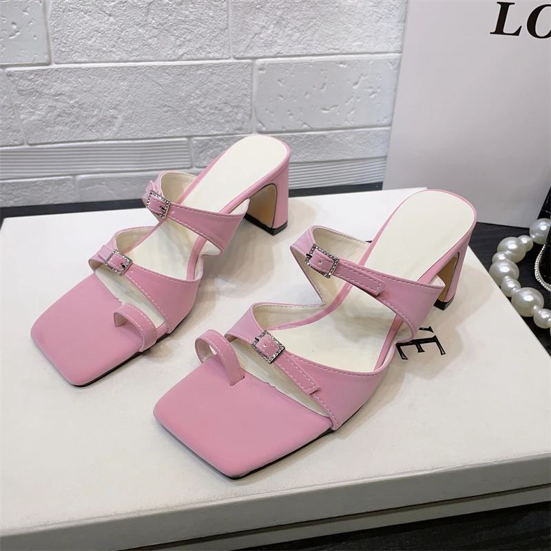 

2023 г., летние женские домашние тапочки, шлепанцы с квадратным носком босоножки без застежки с открытым носком туфли-лодочки на толстом высоком каблуке для прогулок