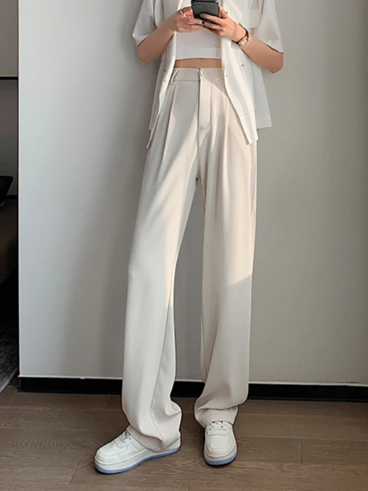 

Женские брюки с высокой талией и широкими штанинами, однотонные женские длинные брюки, повседневные женские брюки, офисные женские прямые Костюмные брюки, Прямая поставка