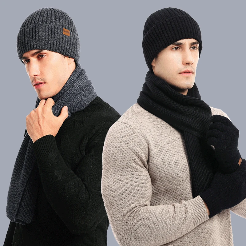 

Winter Beanie Hat Scarf Touch Screen Gloves Set for Men Warm Men'S Scaves and Beanie Hat Thermal Gloves Set Snow Skiing Skating