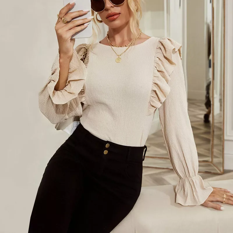 

Women Elegant Solid Color Ruffle Blouse Round Neck Long Sleeve Pullover Tops Y2k Casual Slim Fit Tees For Spring Fall