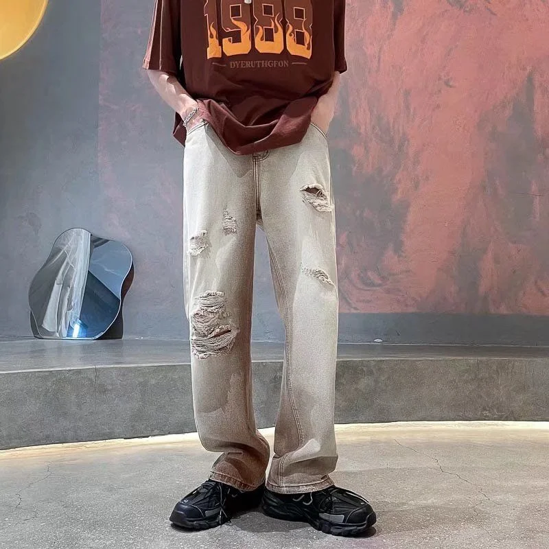 Summer Ripped Baggy Jeans Men Fashion Casual Hole Wide Leg Jeans Mens Japanese Streetwear Loose Hip Hop Straight Denim Pants Men