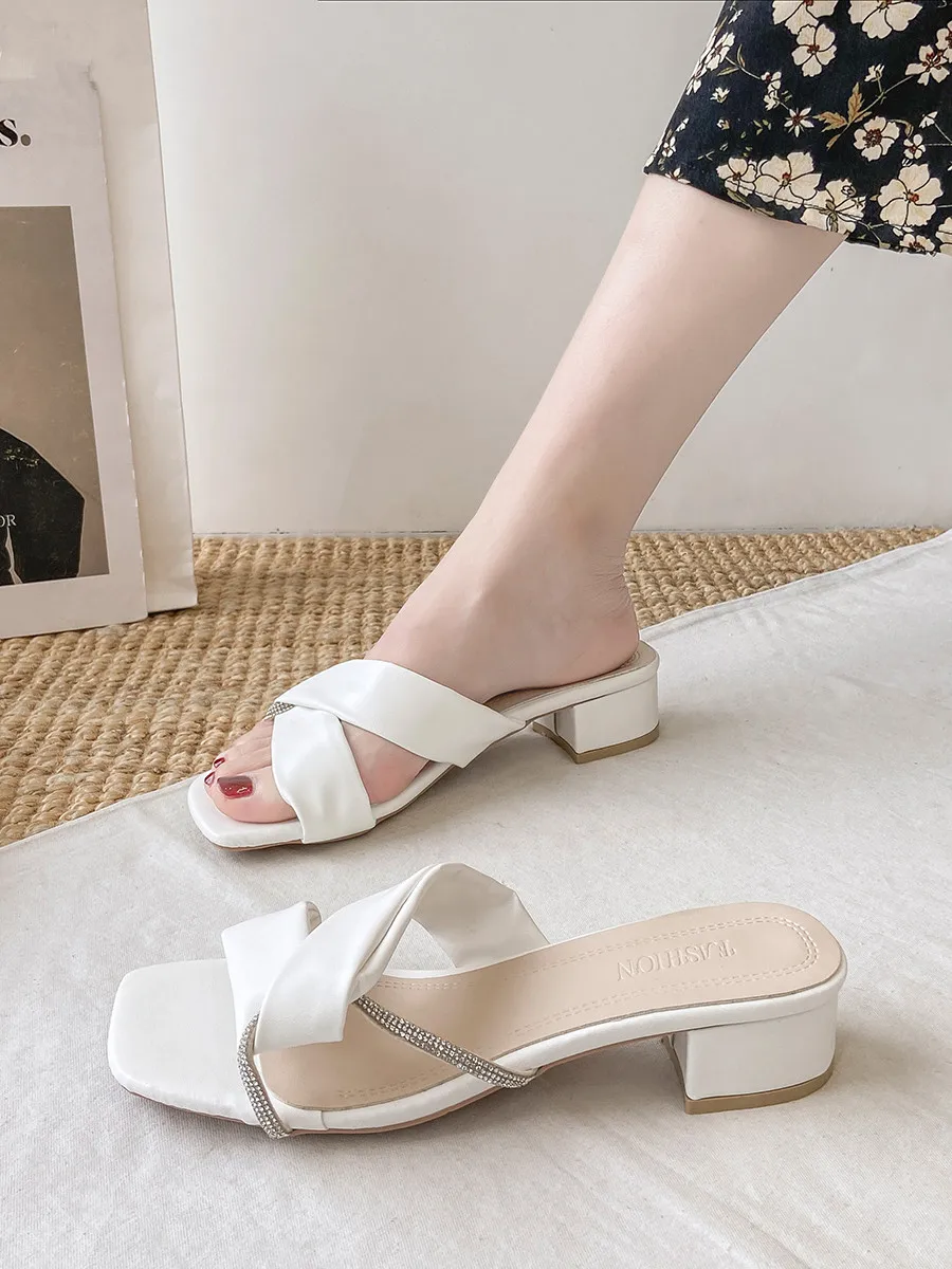 

Slippers Casual Square heel Shoes Woman 2022 Pantofle Med Luxury Soft Block Summer New Rome Hoof Heels Bonded Leather Slides Fas