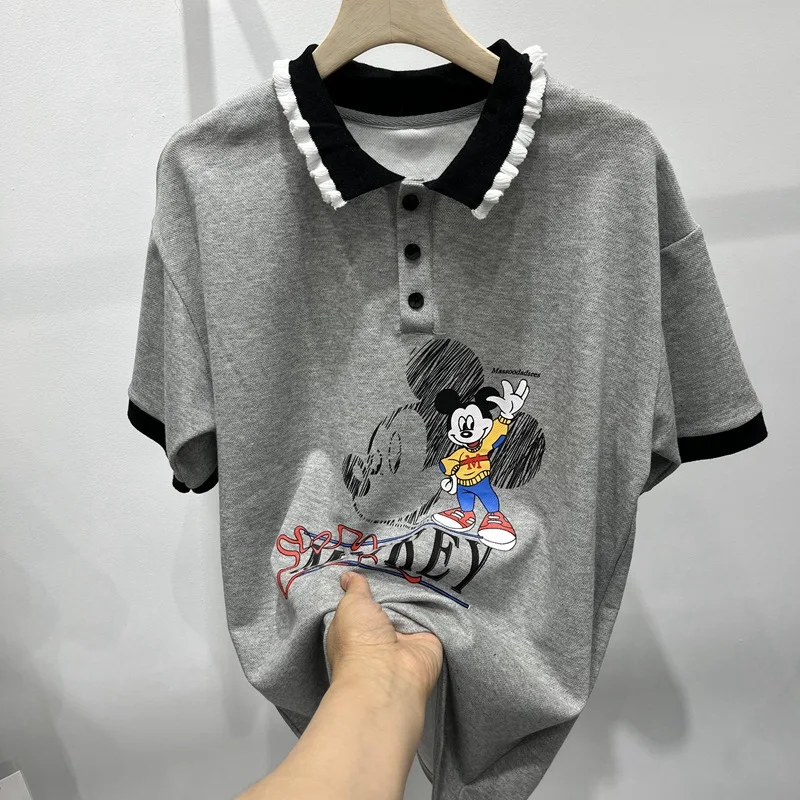 

Disney Woman Tshirts Color Matching POLO Cartoon Mickey Letter Printing Graphic T-shirt Fashion Short Sleeve Tops Graphic Tee