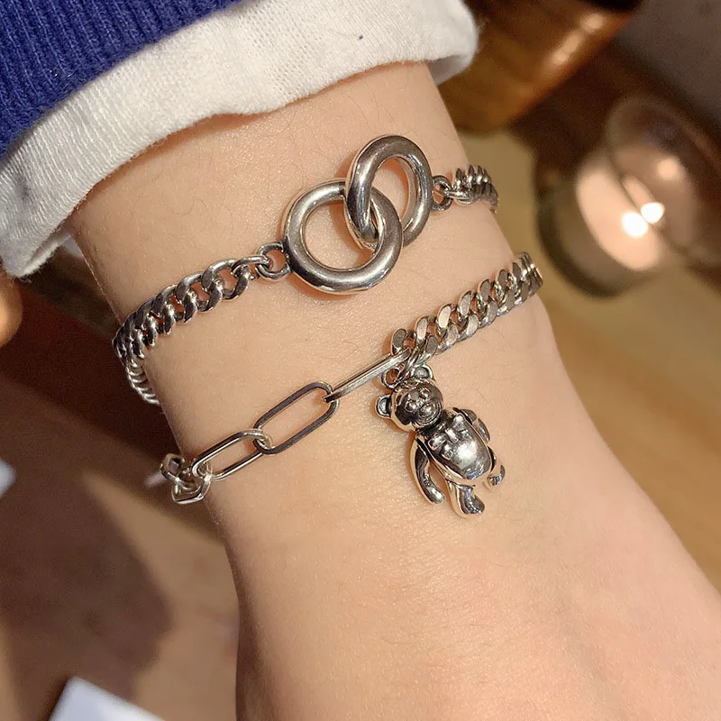 

FMILY Minimalist Cute Bear Bracelet S925 Sterling Silver Geometric Personality Retro Fashion Hip-hop Jewelry for Girlfriend Gift