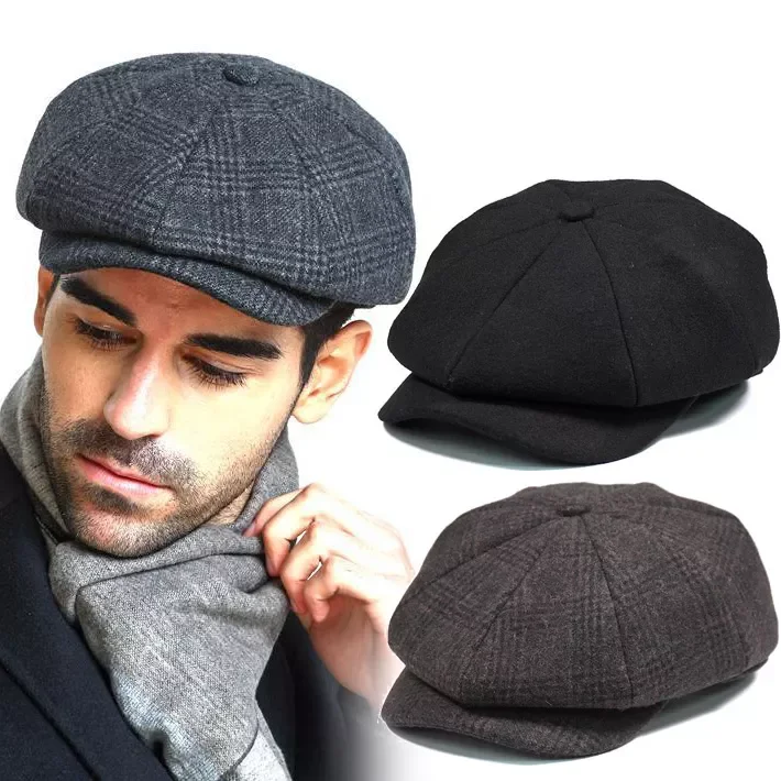 Wool Octagonal hat Tweed Newsboy Hat Beret Herringbone Gatsby Hats Street Winter Autumn Vintage British Brim Caps Berets