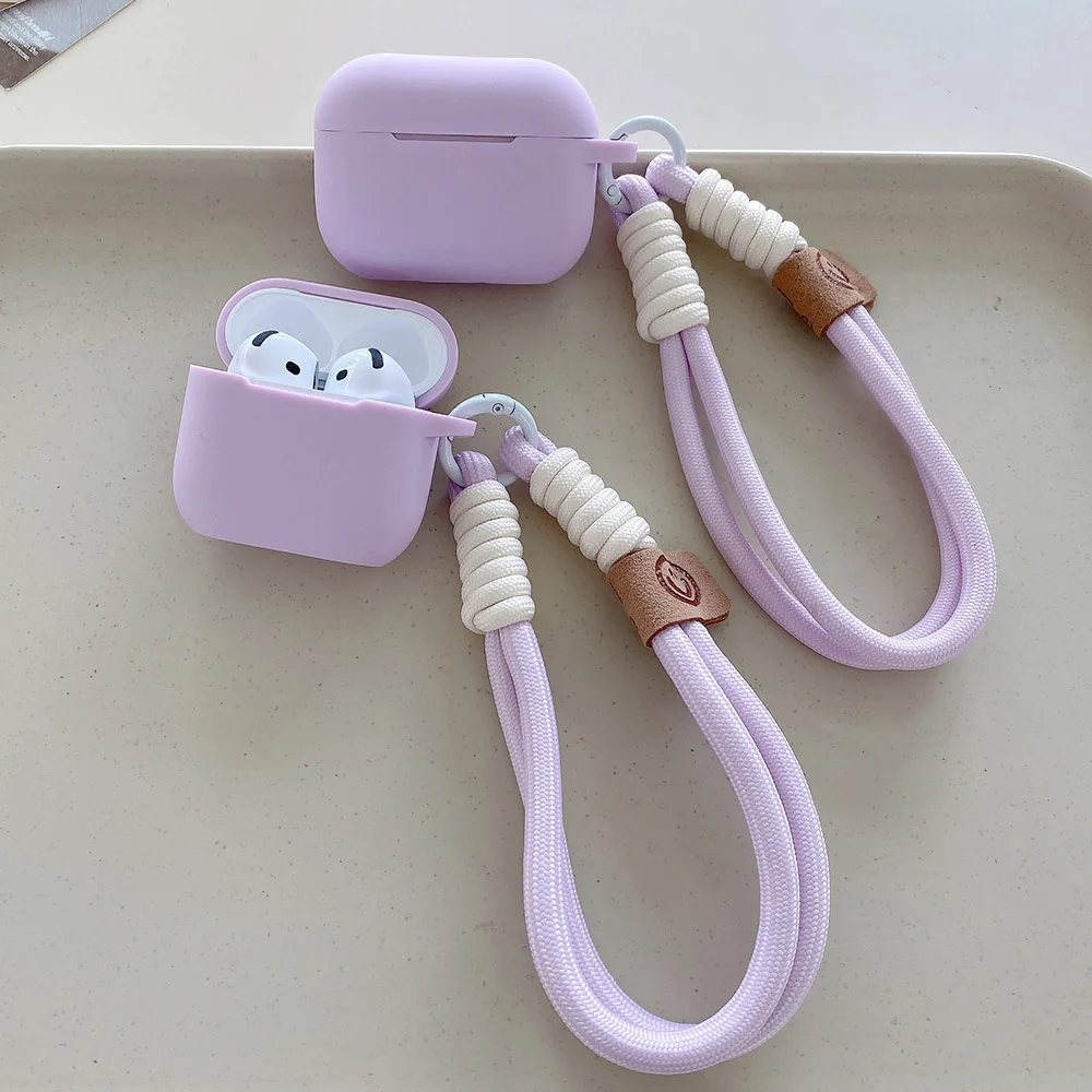 Фото Лавандово-фиолетовый матовый силиконовый чехол для наушников AirPods Pro 2 с веревкой против потери для AirPods 1 2 3 4 Мягкий чехол Funda №2