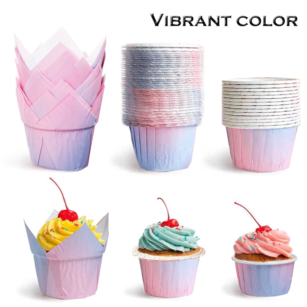 

Hot 100Pcs Tulip Cupcake Cup Non-Stick Muffin Liner Grease-proof Baking Cups Wrapper Cupcake Paper For Wedding Party Baking Tool