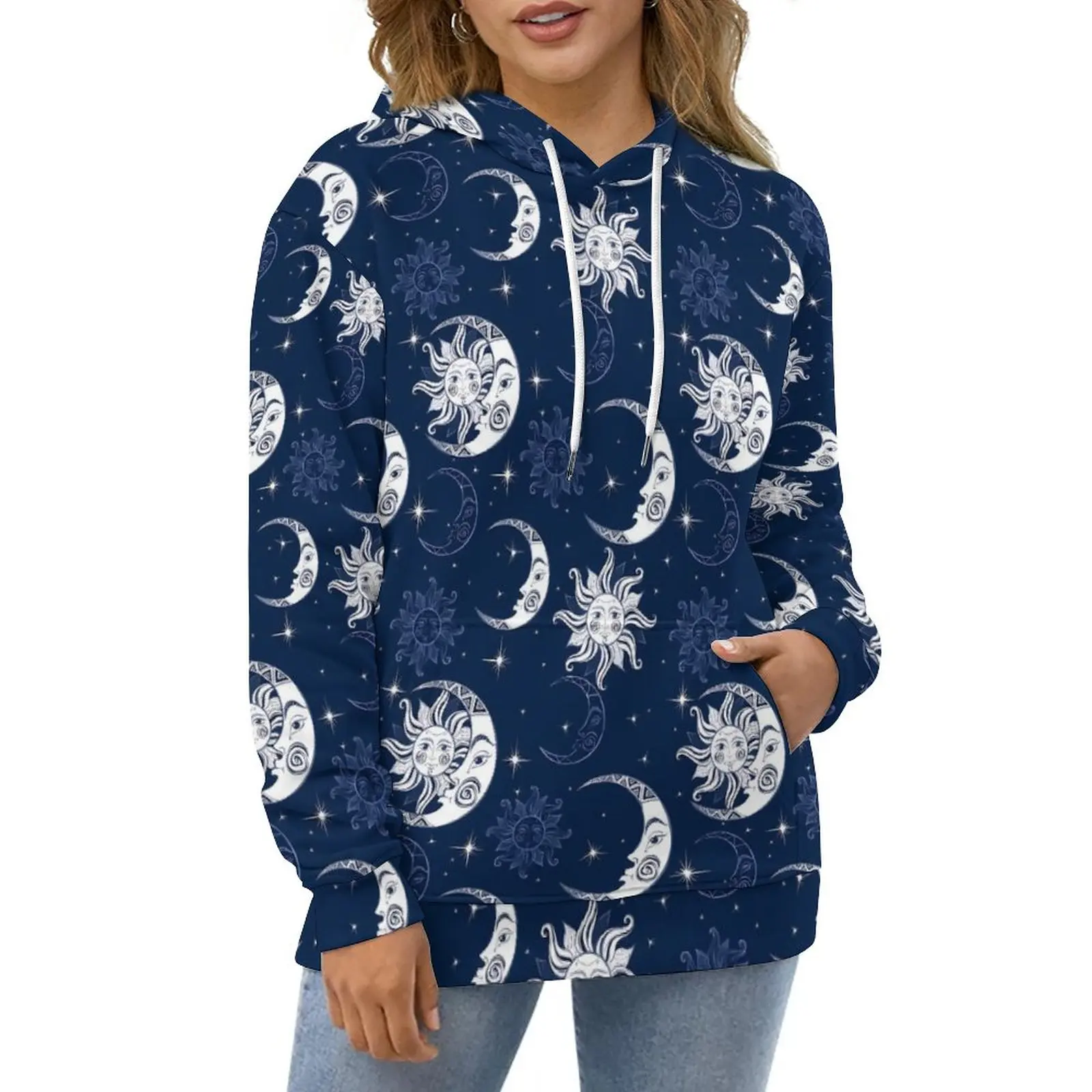 

Sun Moon Casual Hoodies Retro Print Pretty Graphic Loose Hoodie Spring Long-Sleeve Korean Fashion Oversized Top