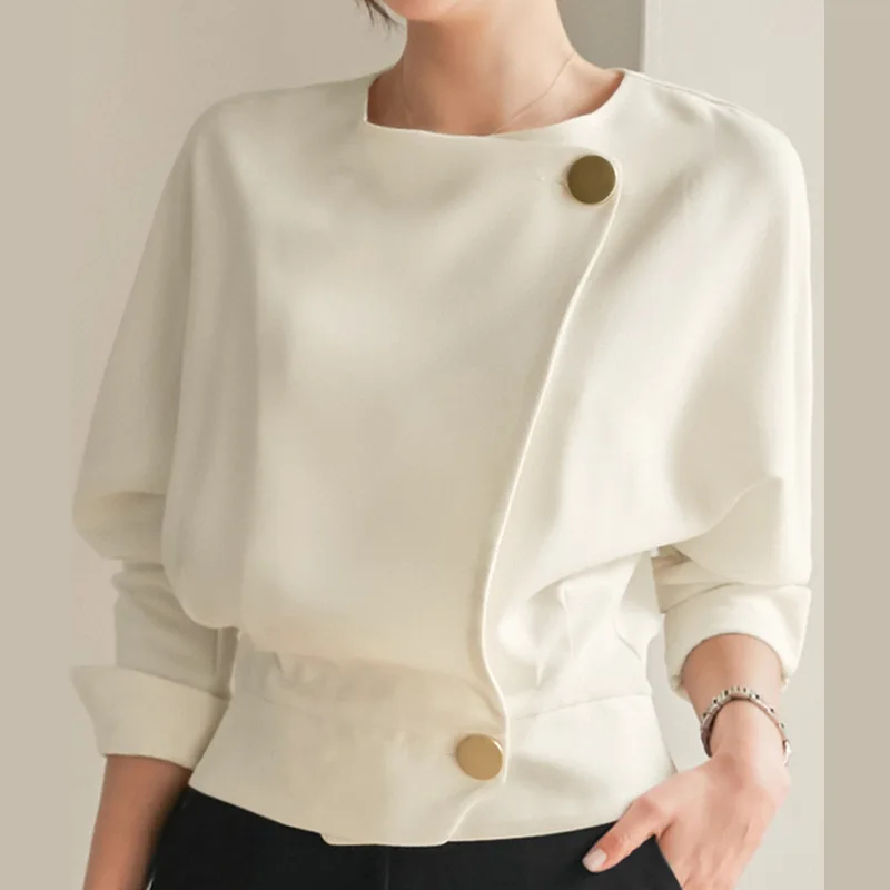 

Деловые женские белые рубашки в офисном стиле, блузка с круглым вырезом, элегантная рабочая одежда, женская блузка, повседневный топ с длинн...