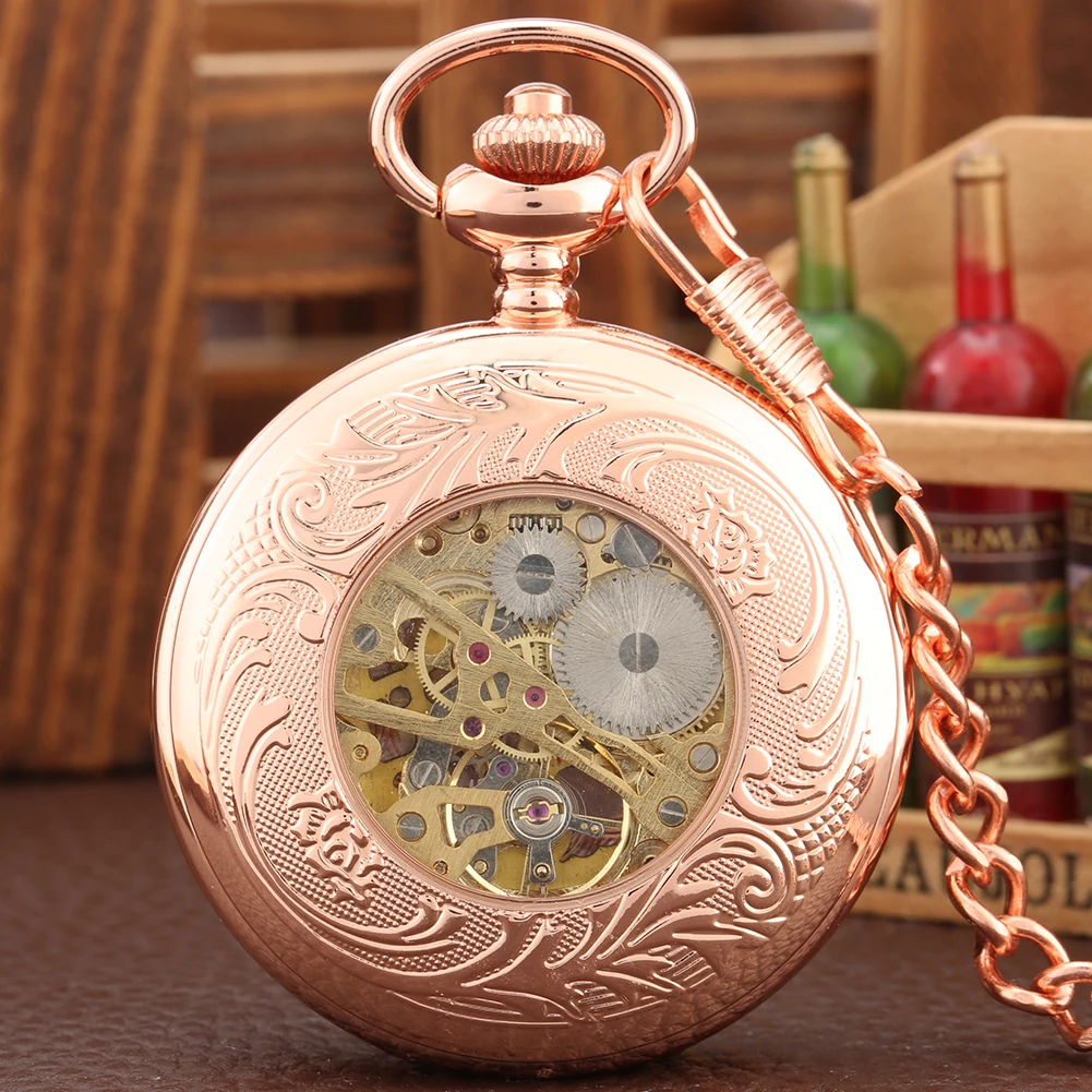 Trendy Elegant Manual Mechanical Pocket Watch Rose Gold Arabic Numerals Display Vintage Pocket Timepiece Hand Winding Clock