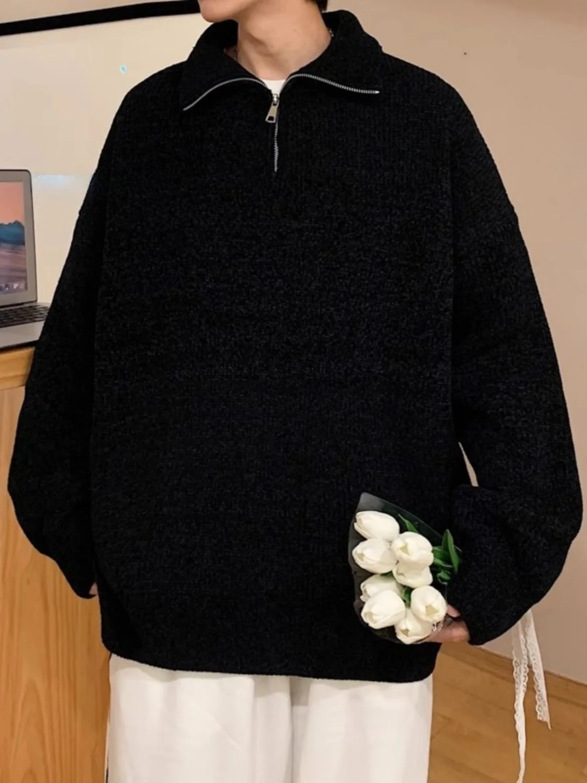 Свитер с лацканами мужская осенне-зимняя свободная рубашка без рукавов модная