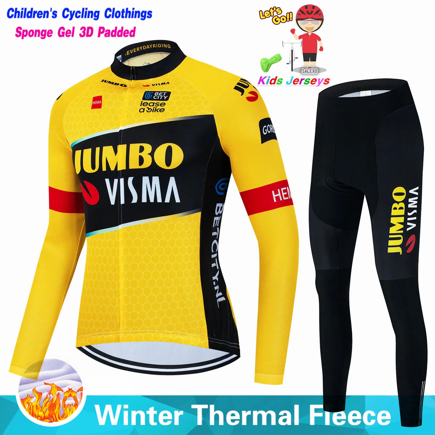 

Jumbo Visma Children Winter Cycling Set Kids Thermal Fleece Long Sleeve Racing Jersey Suit Boys Cycling Clothing Long Pants Set