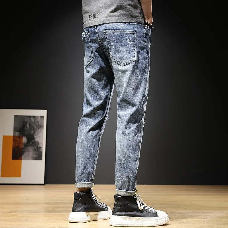 Ripped Jeans Men Summer Lightweight Slim Fit Ankle-Length Pants Streetwear Fashion Blue Patch Denim Trousers