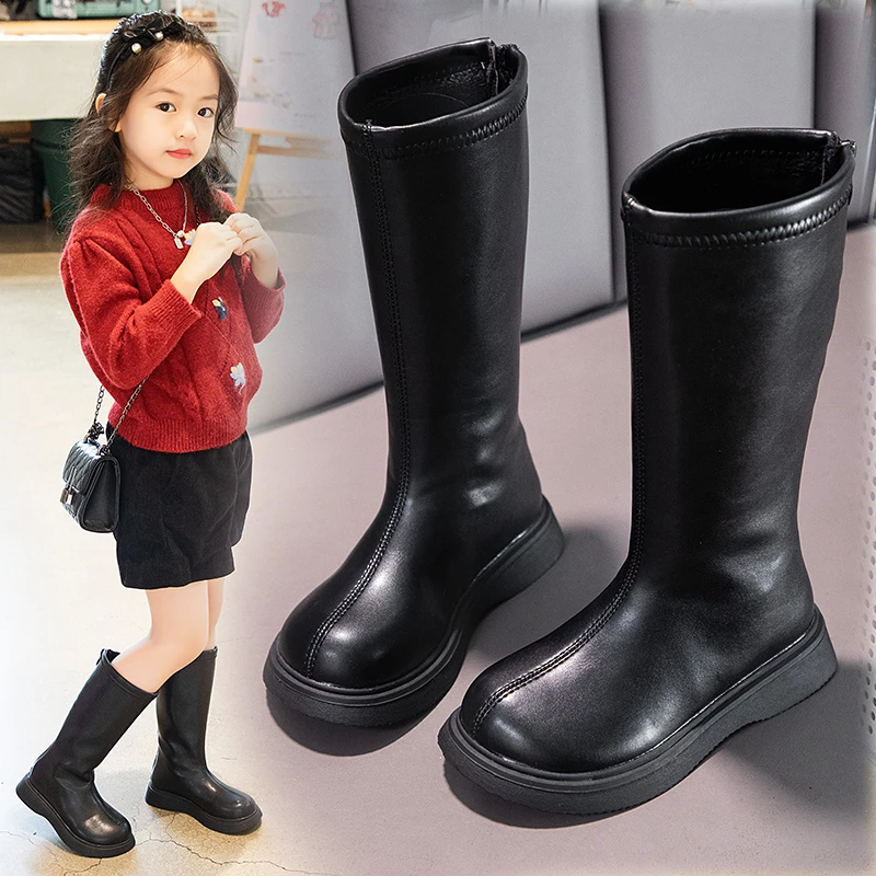 Children Leather Boots for Girls Simple Classic Fashion Kids Knee-high Boots Warm Cotton Back Zipper Long Motorcycle Winter New