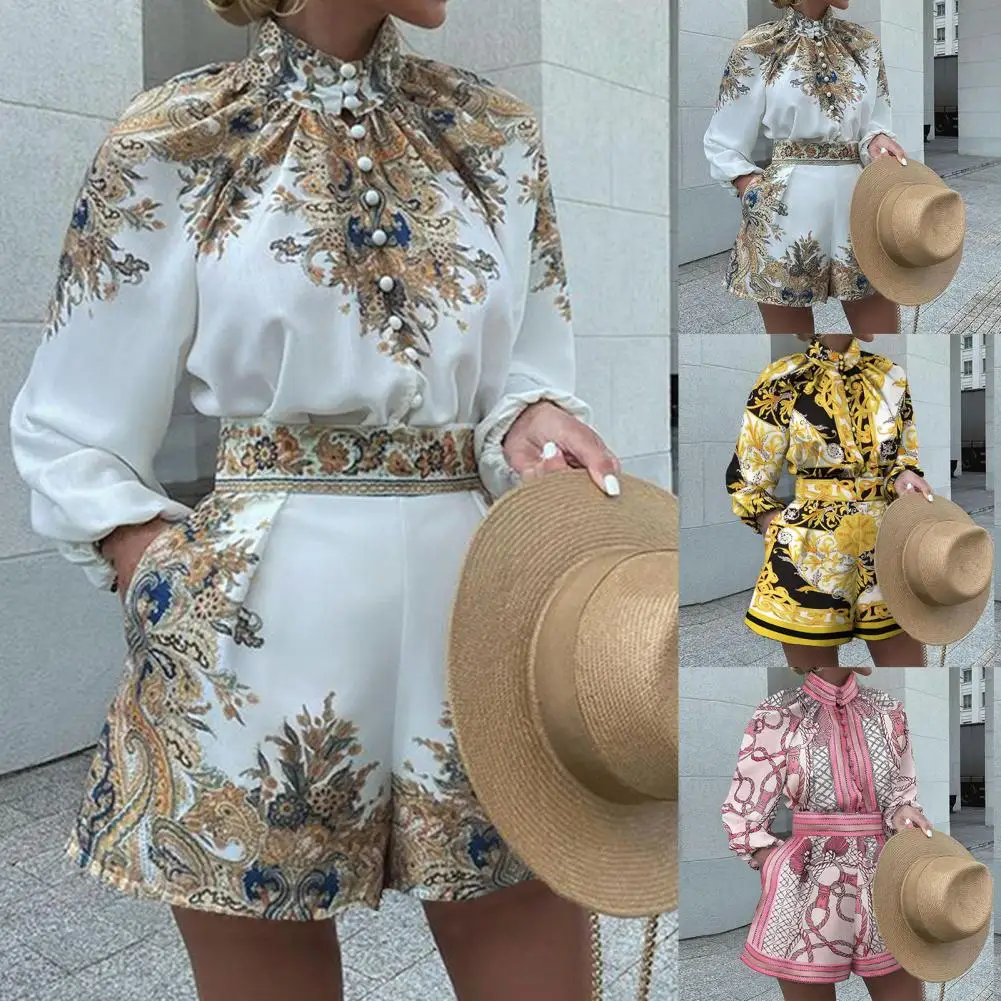 

Comfy Autumn Winter Vintage Pattern Print Turtleneck Shirt Shorts for Office
