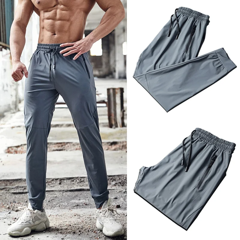 Men Sport Pant Zipper Pockets Training Bodybuilding Trousers Fitness Running Long Pants Thin Elastic Dry Fit Sweatpants Bottoms