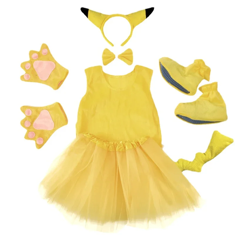 Костюм для косплея девочек желтое платье-пачка с перчатками брюками и хвостом