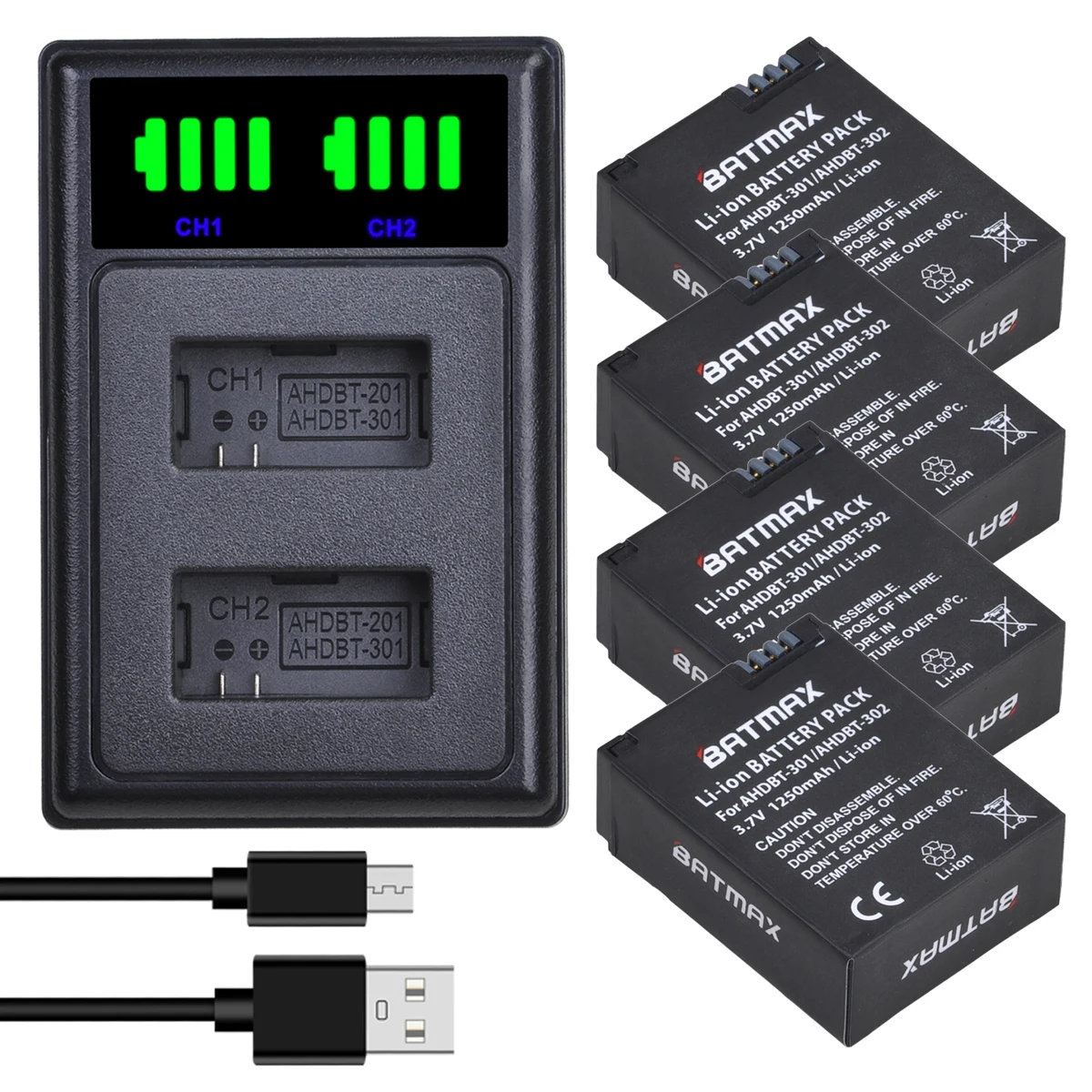 Фото Аккумулятор Batmax для GoPro Hero3 Hero3+ 1250 мАч + двойное зарядное устройство с LED-индикатором и портом Type-C для экшн-камер GoPro Hero3 Hero3+ №1