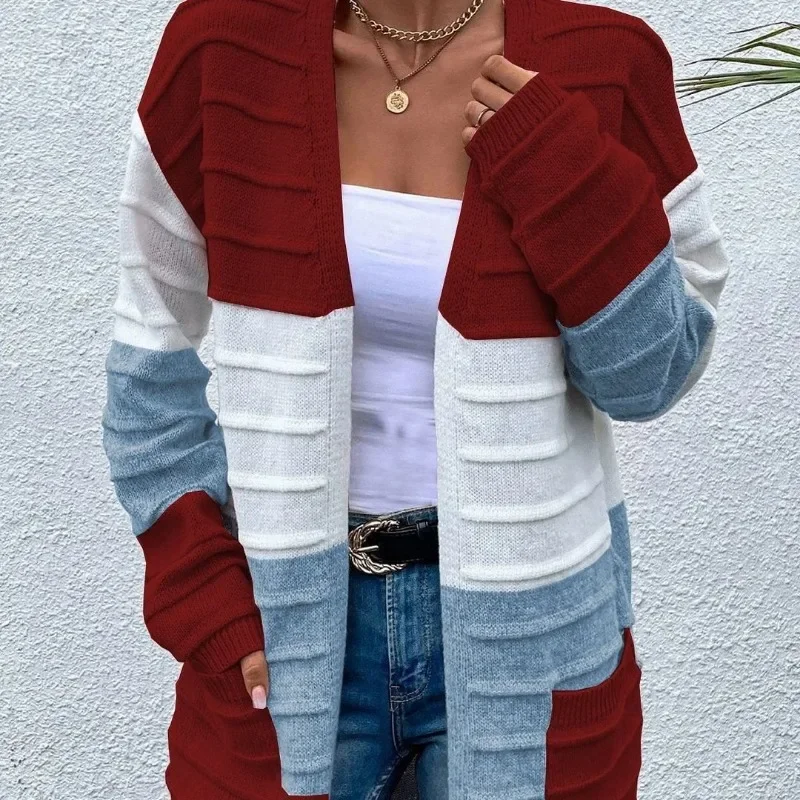 

2023 New Women's Fashion Knitwear Autumn and Winter New Stripe Splicing Contrast Color Fried Dough Twists Cardigan Sweater Women