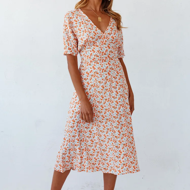 

Women Dress High Waist A Temperament Commuter French Fresh Floral V-neck Short Sleeve Waist Slim Long Spring And Summer Dress