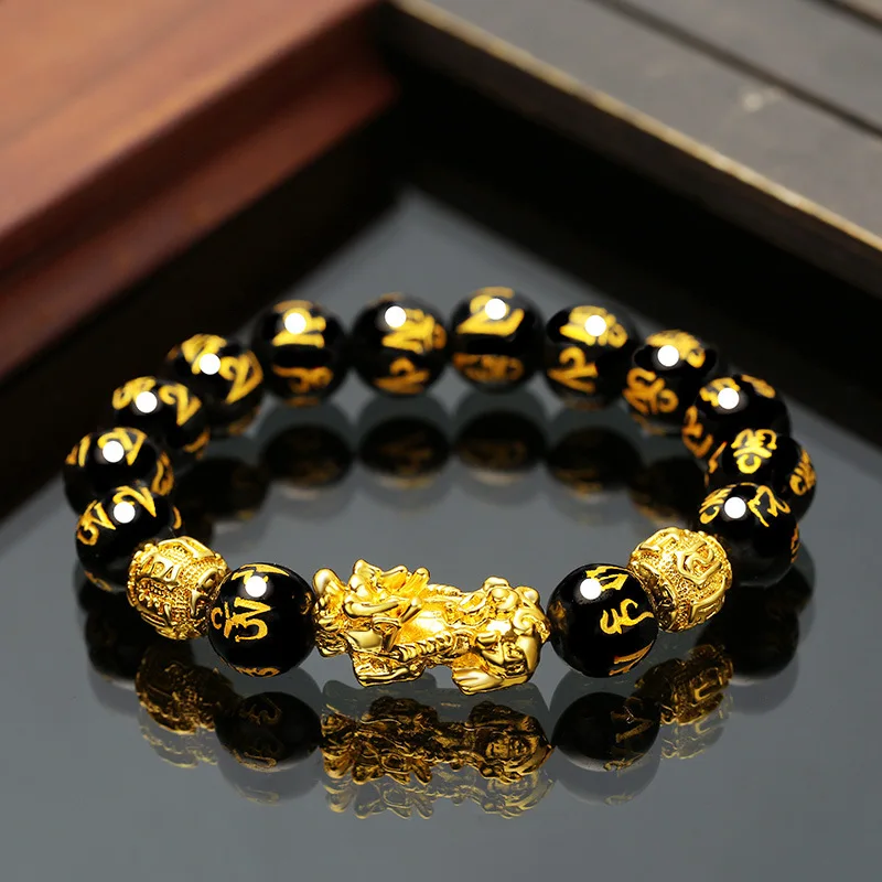 Obsidian Stone Beads Bracelet Feng Shui Men Women Wristband Gold Color Black Beads Pixiu Wealth Good Luck Jewelry Bracelet