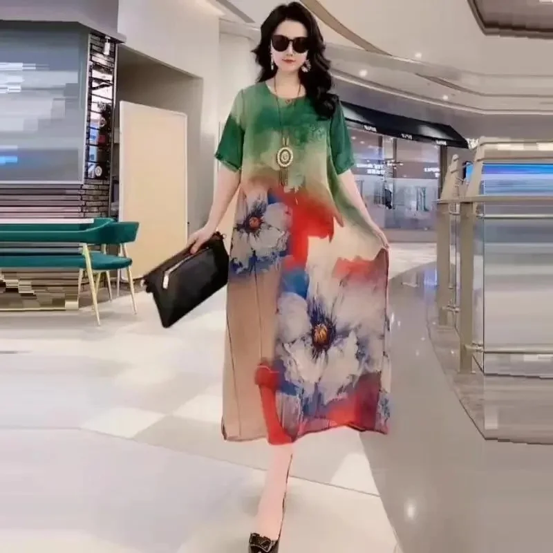 Платье женское длинное из шелка тутового шелкопряда с цветочным принтом