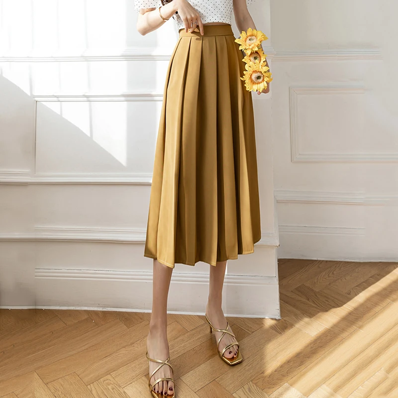 

Elegant Solid Color High Waist Women Midi Skirt 2022 Spring Summer New A-line Pleated Long Skirts Ladies Casual Skirts