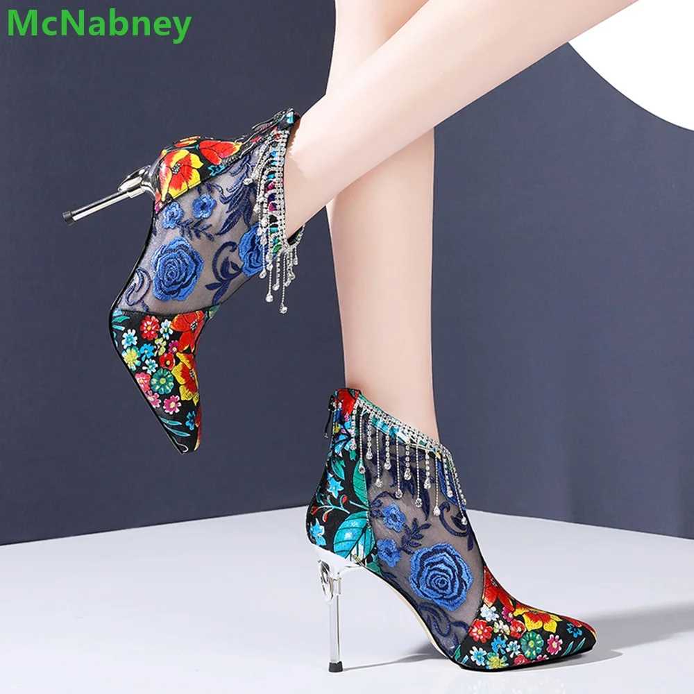Patchwork Fabric Mesh Embroidery Boots For Women Crystal Design Back Zipper Ankle-High Pointed Toe Thin High Heel Female Shoes