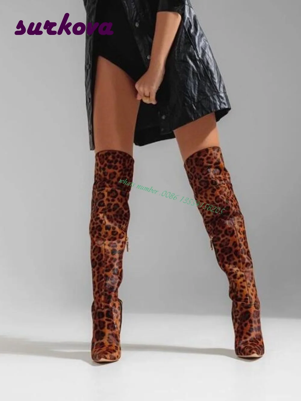 Leopard Stiletto Heels Ankle Boots Pointed Toe Side Zipper Over the Knee Women's Boots Leather Casual Winter Shoes Runway Sexy