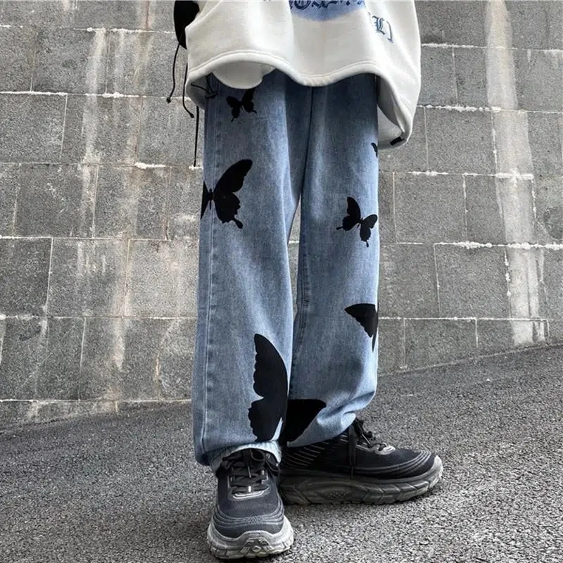 European American High Street Letters Embroidery Oversized Jeans On The Back Of Men'S Loose Straight-Leg Ripped Trousers Unisex