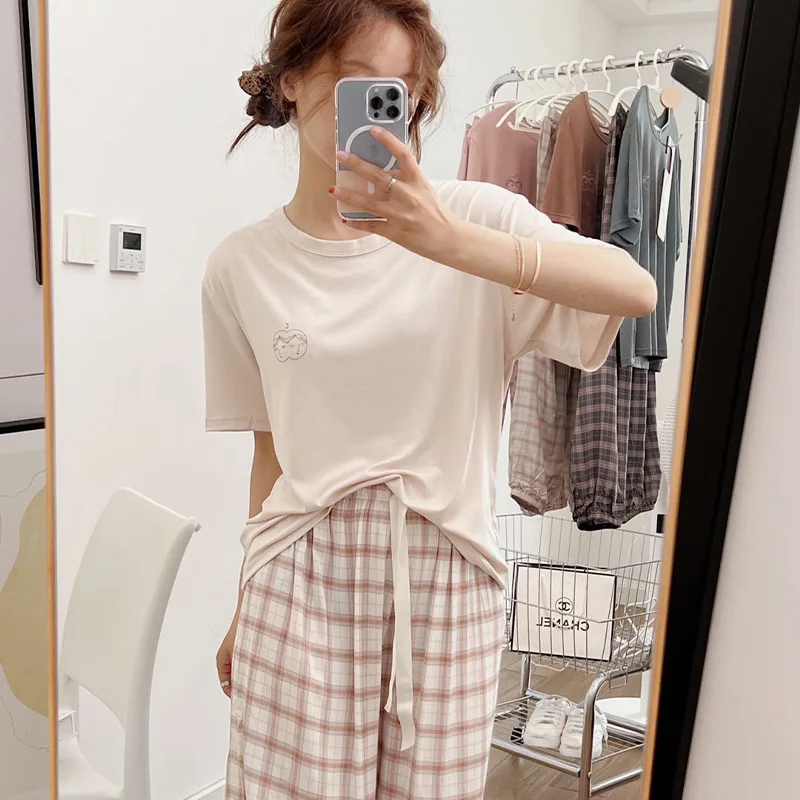 

New Japanese And Korean Style Pajamas For Spring Summer, Women Wearing Short Sleeved Two-piece Long Pants Leggings, Home Furnish