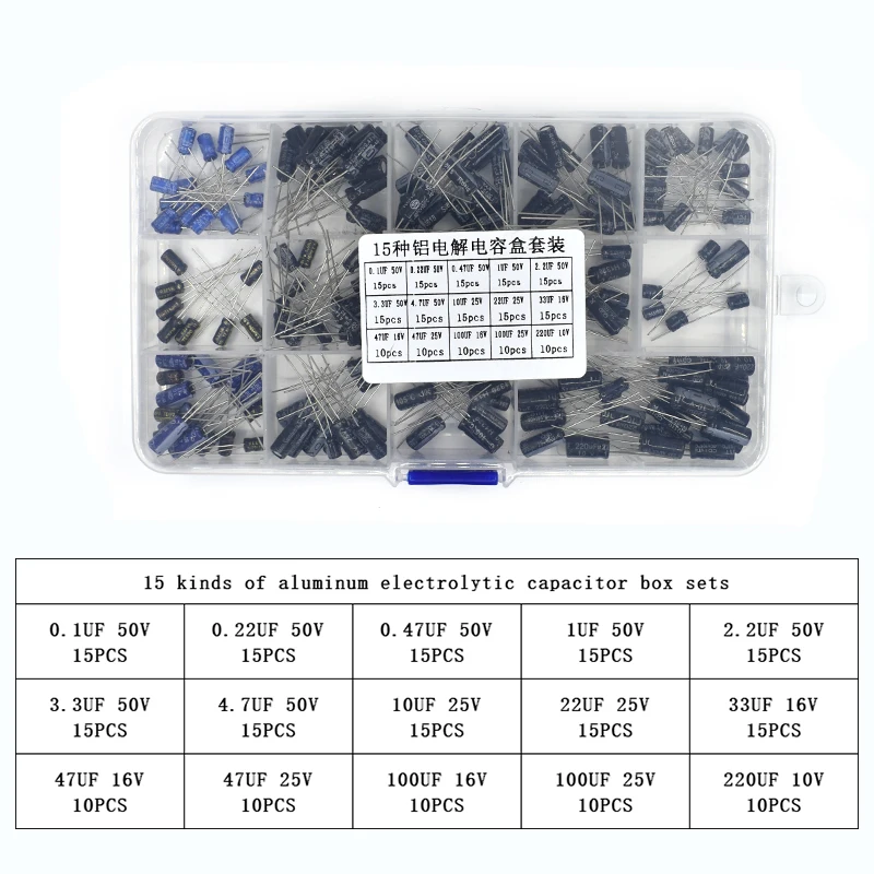 

200pcs/lot Radial capacitors set 15Values 10V 16V 25V 50V 0.1uF-220uF Electrolytic Capacitor Assortment Kit 0.22uf 2.2uf 100uf