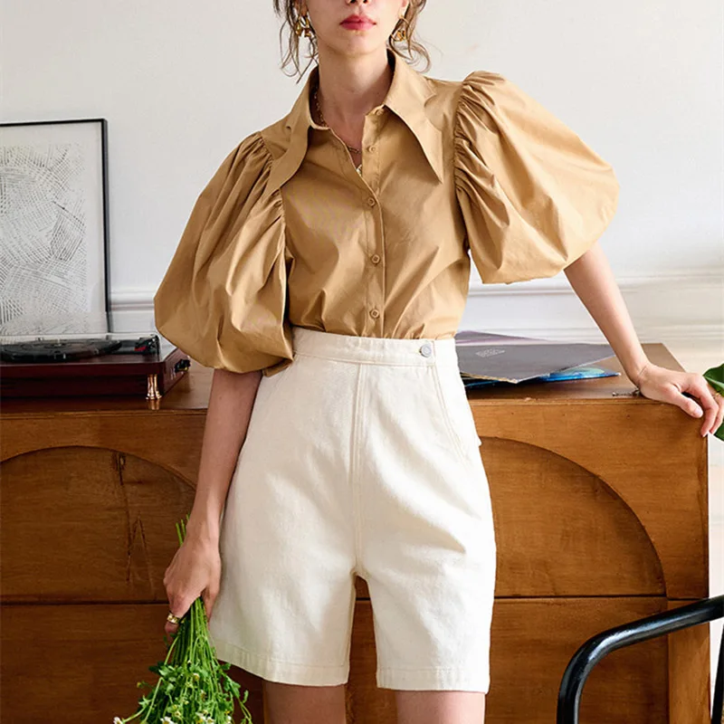 

Blouse Elegant Button Lantern Sleeves Short Shirt Summer Holiday Causal Khaki Shirts Fashion Solid V-neck Print Woman Tops 2021