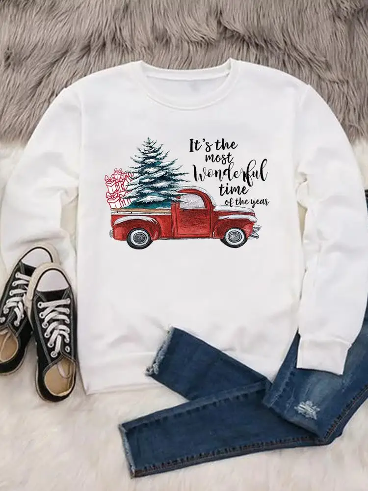 

Gift Tree Sweet 90s Happy New Year Print O-neck Merry Christmas Graphic Sweatshirts Pullovers Women Fashion Clothing