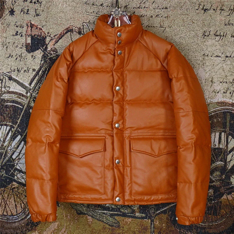 Мужская куртка на белом утином пуху из 100% натуральной воловьей кожи верхний слой