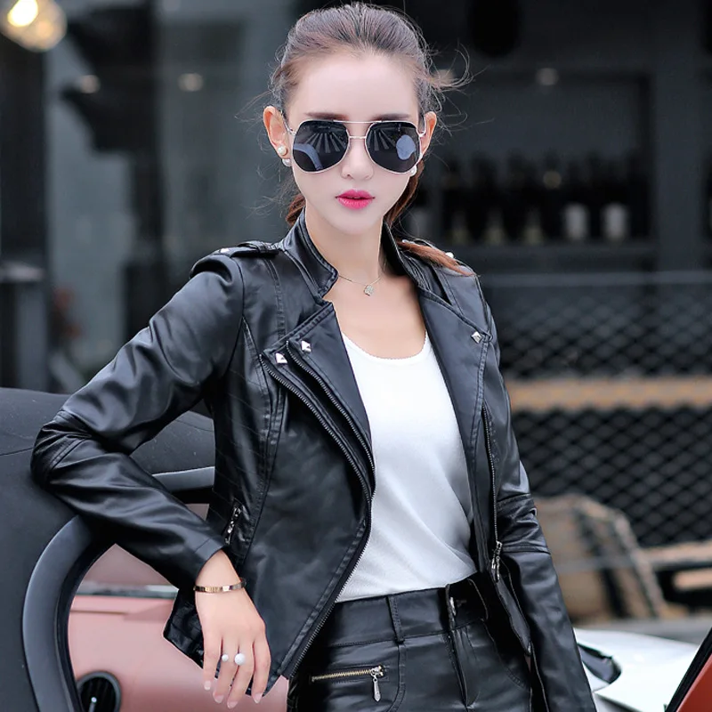 women 2022spring autumn denim rivet punk Short Slim fit jacket motorcycle Windbreaker zipper outerwear