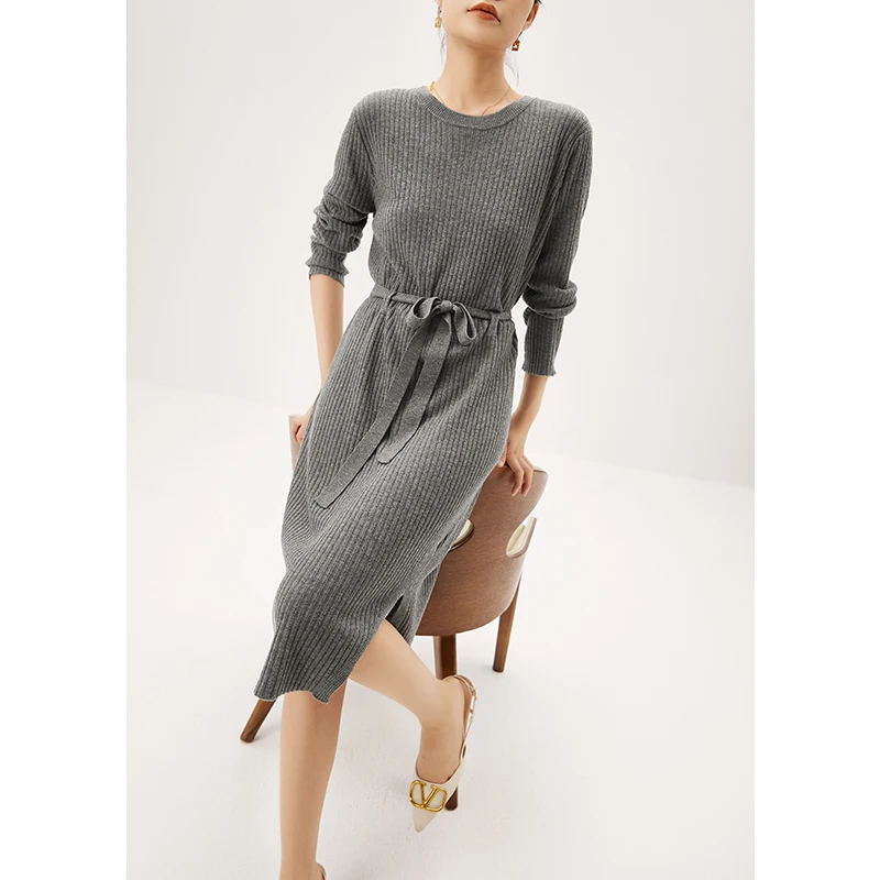 

SHUCHAN Knitted Dress Women Wool Vestidos De Verano Mujer 2022 Office Lady Mid-Calf Belt Autumn/Winter Pullover