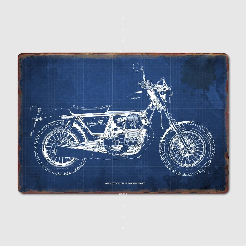 

2019 Moto Guzzi V9 Bobber Sport Blueprint Metal Sign Club Home Garage Club Create Garage Decoration Tin Sign Poster