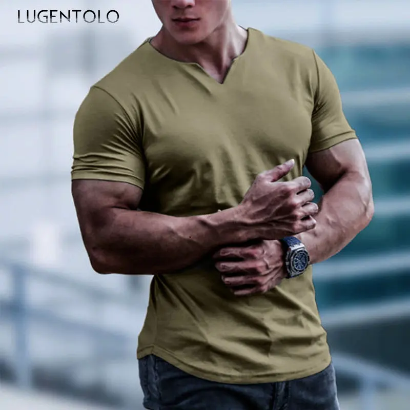 

Футболка Lugentolo мужская с V-образным вырезом, повседневная спортивная майка с коротким рукавом, пуловер с круглым вырезом, уличная одежда, топ на лето