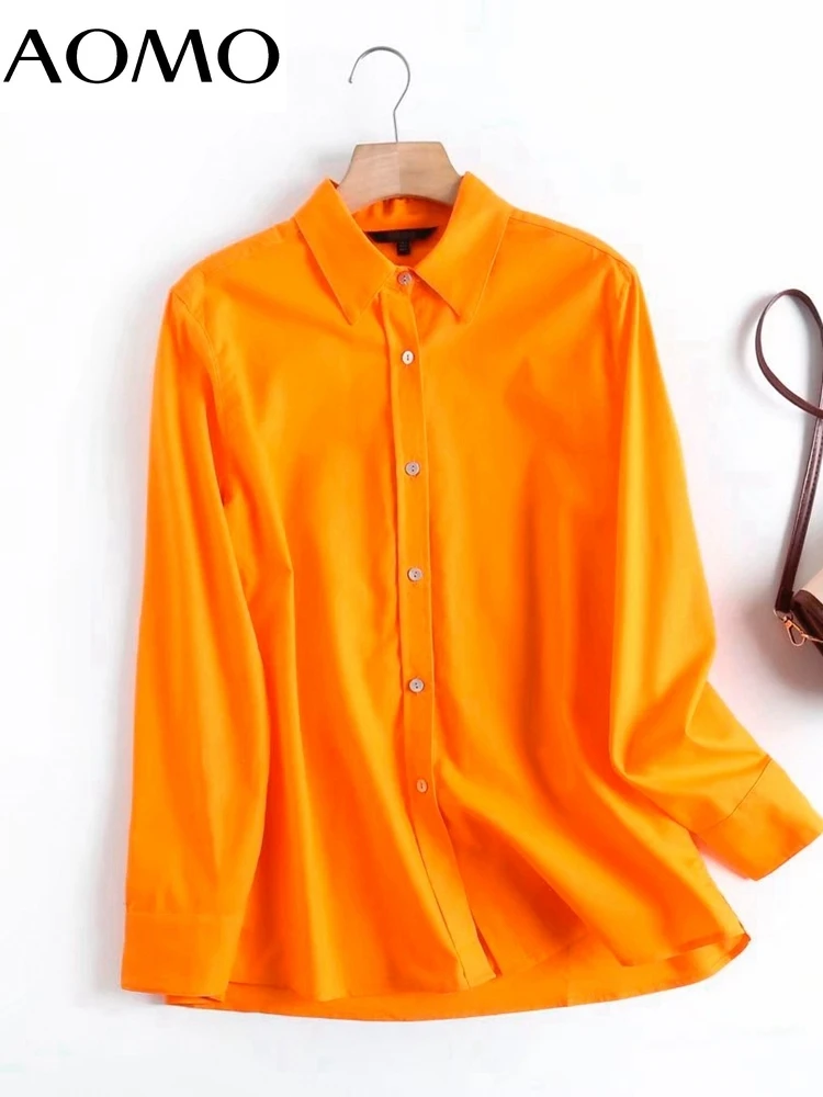 

AOMO 2022 Women Orange Cotton Linen Blouse Long Sleeve Chic Female Office Lady Shirt 4C47A