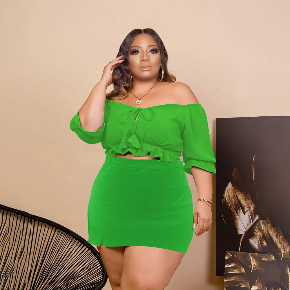 Plus Size Women 5xl Sets Off Shoulder Tops And Skirts 2022 Summer Two Piece Sets Lady Bow Outfits Female Wholesale Clothes