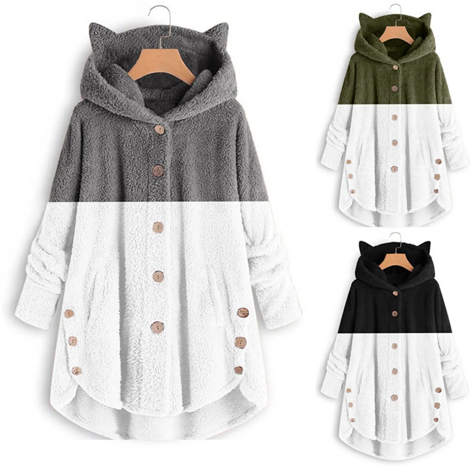 

Женское зимнее пальто 2022, бархатная спортивная зимняя куртка с капюшоном с кошачьими ушками, куртка на пуговицах с асимметричным подолом, флисовое пальто, Рождественский подарок