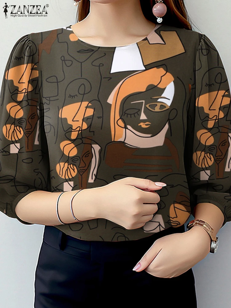 ZANZEA Bohemain Printed Blouses Summer Fashion Women Shirt Female Elegant Work Tops Mujer Casual O Neck 3/4 Sleeve Blusas Tunic