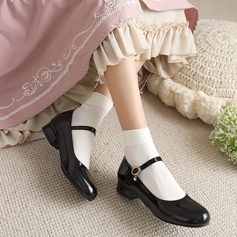 

Elegant Low Heel Woman Straps Black White Heeled Pumps Female Large Size 44 45 Mary Jane Shoes Office Party Wedding Shoes Female