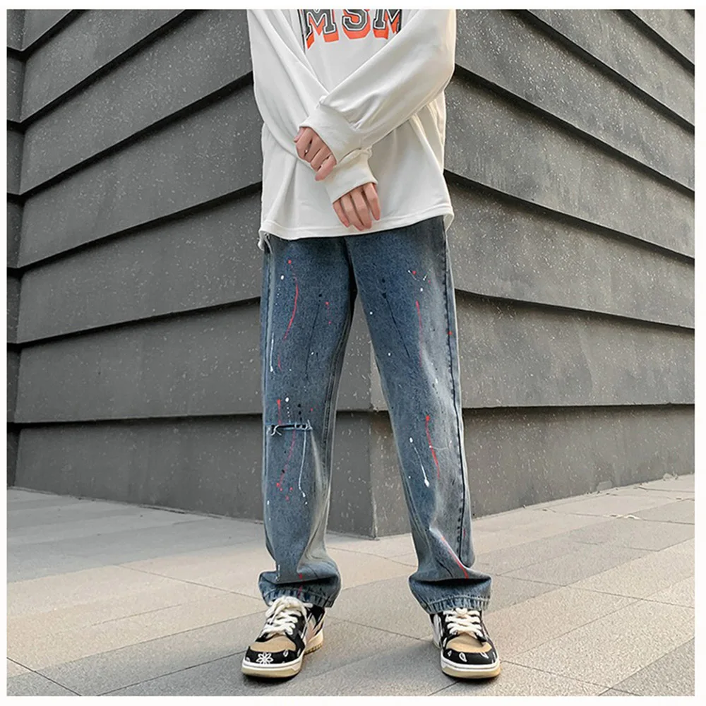Ripped Jeans Hole Fashion Japanese Style Hip Hop High Street Straight Pants Casual Loose Long Trouser Men Chic Clothing