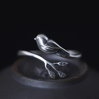 s925 silver simple creative branch ring opening adjustable retro literary bird ring female ethnic style jewelry