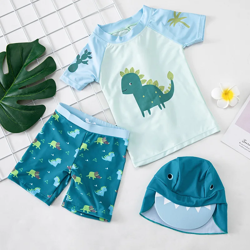 Children Swimsuit Cute Sun Protection Quick Dry Leaves Dinosaur Print Two Pieces Swimwear Beach Bathing Hot Spring Suit Set Boys