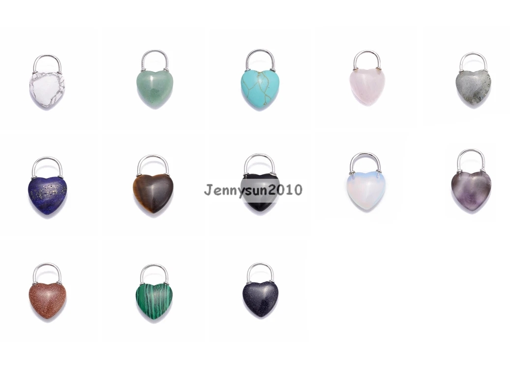 

Natural Gems Stone Crystal Heart Lock Reiki Chakra Pendant Charms Silver Plated 10Pcs/Pack