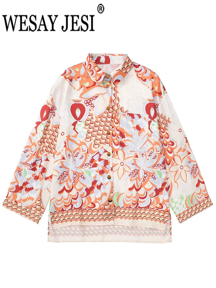

WESAY JESI женский топ с принтом в винтажном повседневном курортном стиле Легкая удобная однобортная женская рубашка с длинным рукавом Новинка