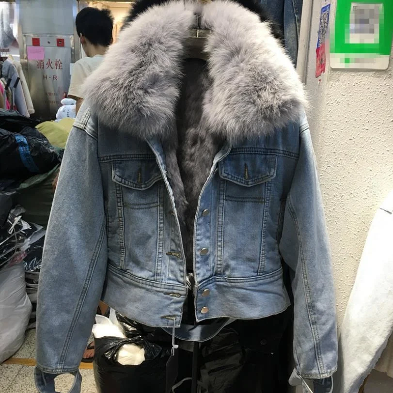 

Warm Real Fox fur Winter Coat Natural Fur Collar + Real Rabbit Hair Liner Denim fur Jacket Femal fur parkas Fur Outerwear F2228